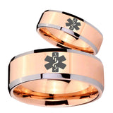 His Hers Medical Alert Beveled Edges Rose Gold Tungsten Men's Wedding Ring Set