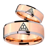 His Hers Masonic Triple Beveled Edges Rose Gold Tungsten Rings for Men Set