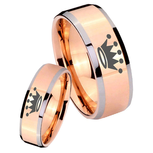 His and Hers Crown Beveled Edges Rose Gold Tungsten Wedding Bands Ring Set