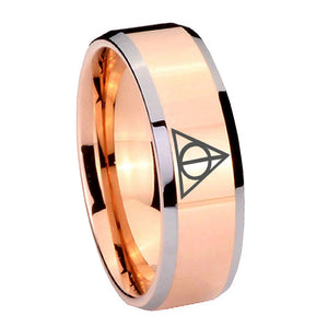10mm Deathly Hallows Beveled Edges Rose Gold Tungsten Carbide Custom Mens Ring