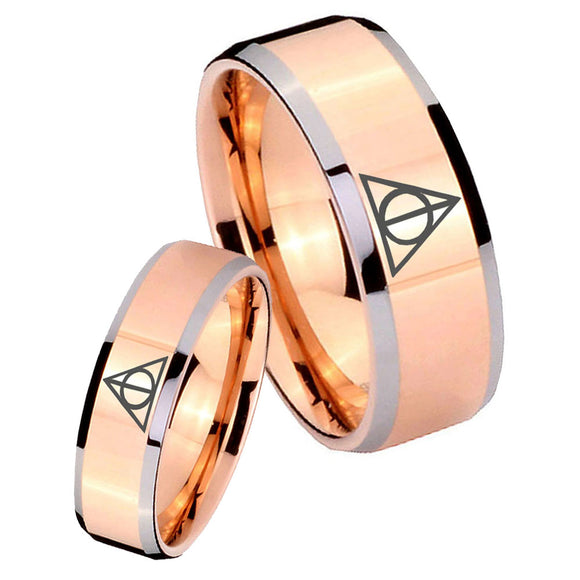 His Hers Deathly Hallows Beveled Rose Gold Tungsten Wedding Engraving Ring Set