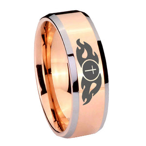 10mm Flamed Cross Beveled Edges Rose Gold Tungsten Carbide Custom Ring for Men