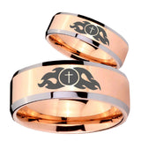 His Hers Flamed Cross Beveled Edges Rose Gold Tungsten Anniversary Ring Set