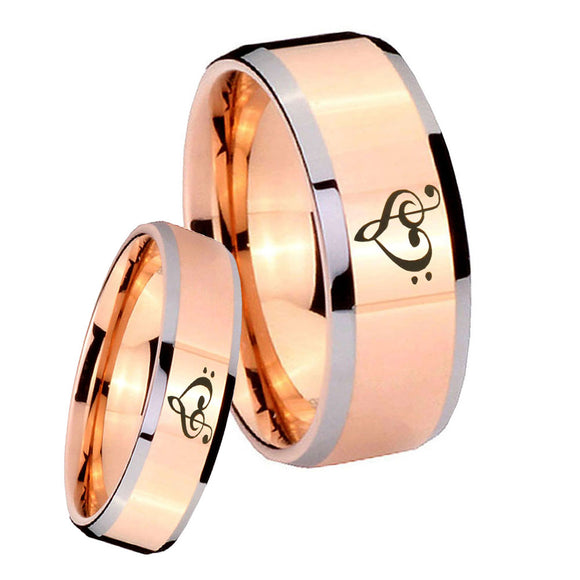 His Hers Music & Heart Beveled Edges Rose Gold Tungsten Engraved Ring Set