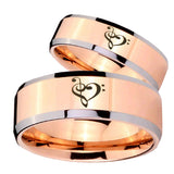 His Hers Music & Heart Beveled Edges Rose Gold Tungsten Engraved Ring Set
