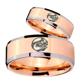 His Hers Angry Baseball Beveled Edges Rose Gold Tungsten Engraved Ring Set