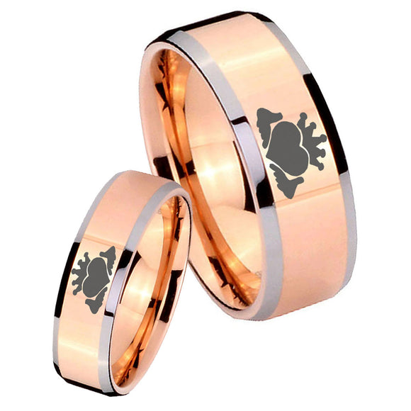 His Hers Claddagh Design Beveled Edges Rose Gold Tungsten Men's Band Ring Set