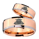 His Hers Claddagh Design Beveled Edges Rose Gold Tungsten Men's Band Ring Set