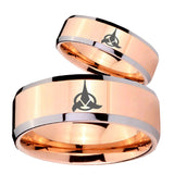 His Hers Klingon Beveled Edges Rose Gold Tungsten Mens Engagement Ring Set