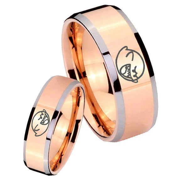 His Hers Mario Boo Ghost Beveled Edges Rose Gold Tungsten Men Rings Set