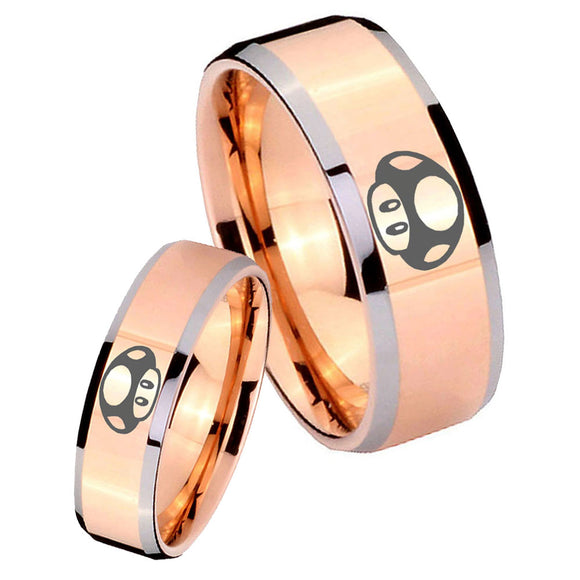 His and Hers Mario Mushroom Beveled Edges Rose Gold Tungsten Mens Ring Set