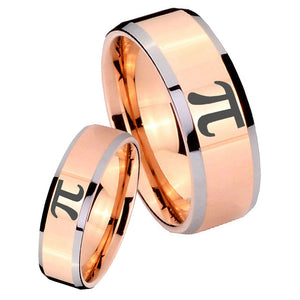 His Hers Math Pi Beveled Edges Rose Gold Tungsten Mens Ring Engraved Set