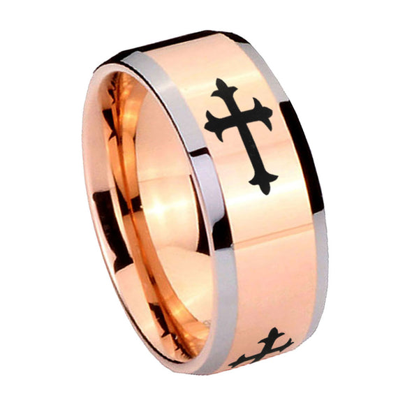 10mm Christian Cross Religious Beveled Edges Rose Gold Tungsten Wedding Bands Ring