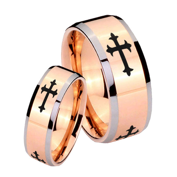 His Hers Christian Cross Religious Beveled Edges Rose Gold Tungsten Rings for Men Set