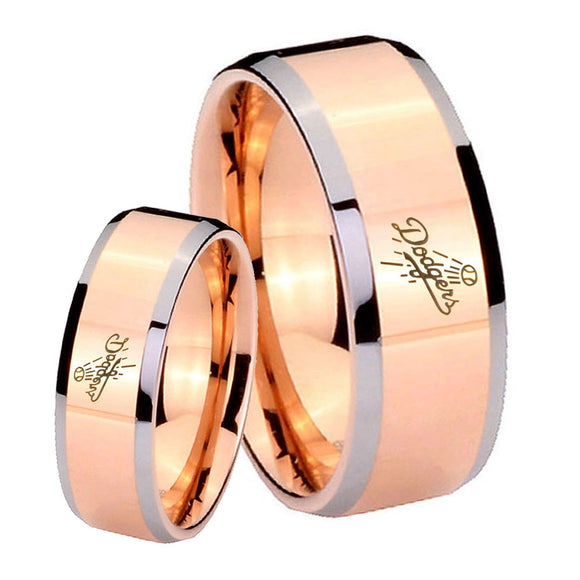 His Hers LA Dogers MLB Baseball Beveled Rose Gold Tungsten Mens Ring Set