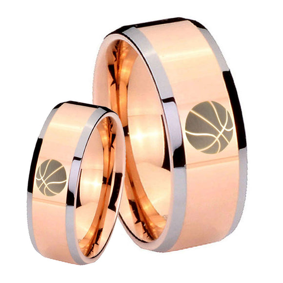 His and Hers Basketball Beveled Edges Rose Gold Tungsten Bands Ring Set