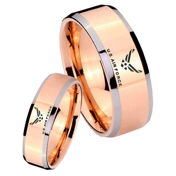 His Hers Rose Gold Beveled US Air Force 2 Tone Tungsten Wedding Rings Set