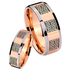 His Hers Multiple Celtic Beveled Edges Rose Gold Tungsten Mens Ring Set