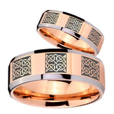 His Hers Multiple Celtic Beveled Edges Rose Gold Tungsten Mens Ring Set