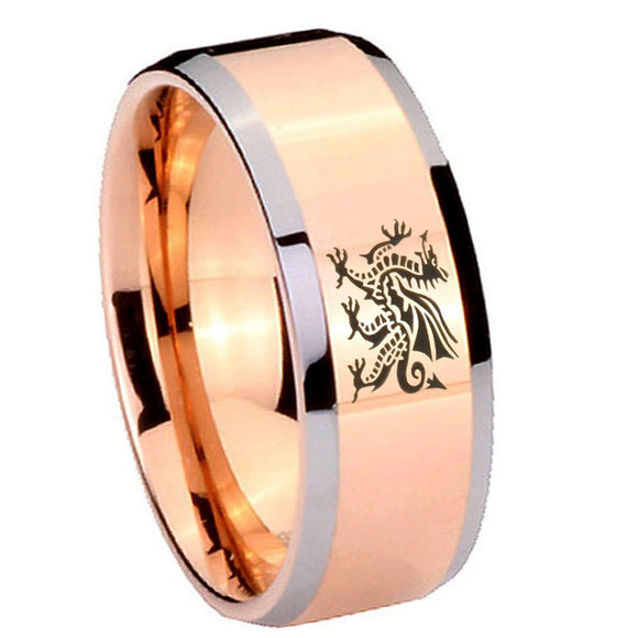 10mm Dragon Beveled Edges Rose Gold Tungsten Carbide Mens Ring