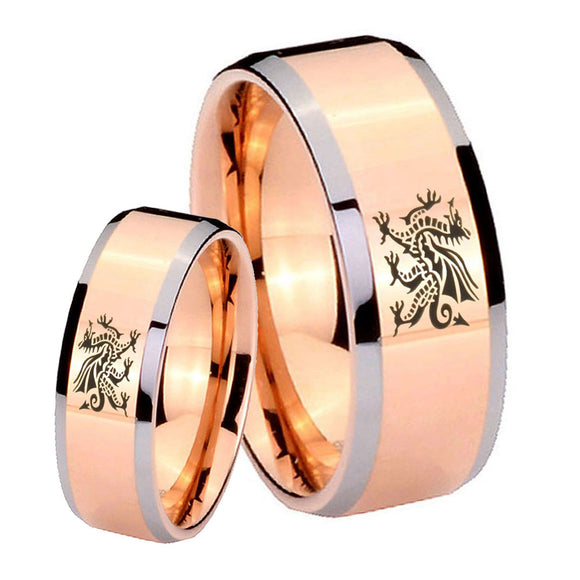 His Hers Dragon Beveled Edges Rose Gold Tungsten Men's Engagement Ring Set