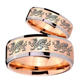 His Hers Multiple Dragon Beveled Rose Gold Tungsten Wedding Engagement Ring Set