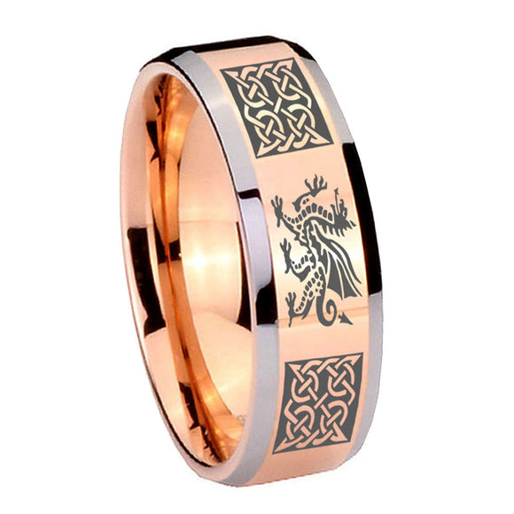 10mm Multiple Dragon Celtic Beveled Edges Rose Gold Tungsten Custom Mens Ring