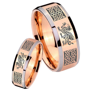 His Hers Multiple Dragon Celtic Beveled Rose Gold Tungsten Engraving Ring Set