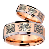 His Hers Multiple Dragon Celtic Beveled Rose Gold Tungsten Engraving Ring Set