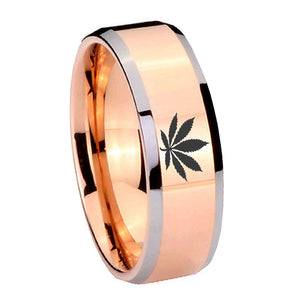 10mm Marijuana Leaf Beveled Edges Rose Gold Tungsten Mens Ring Personalized