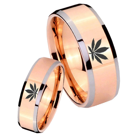 His and Hers Marijuana Leaf Beveled Edges Rose Gold Tungsten Mens Ring Set