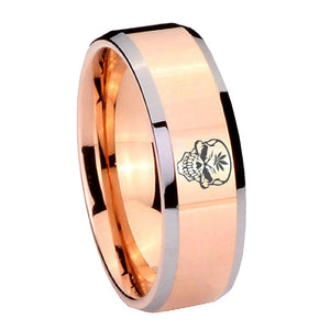 10mm Skull Marijuana Leaf  Beveled Edges Rose Gold Tungsten Men's Wedding Band