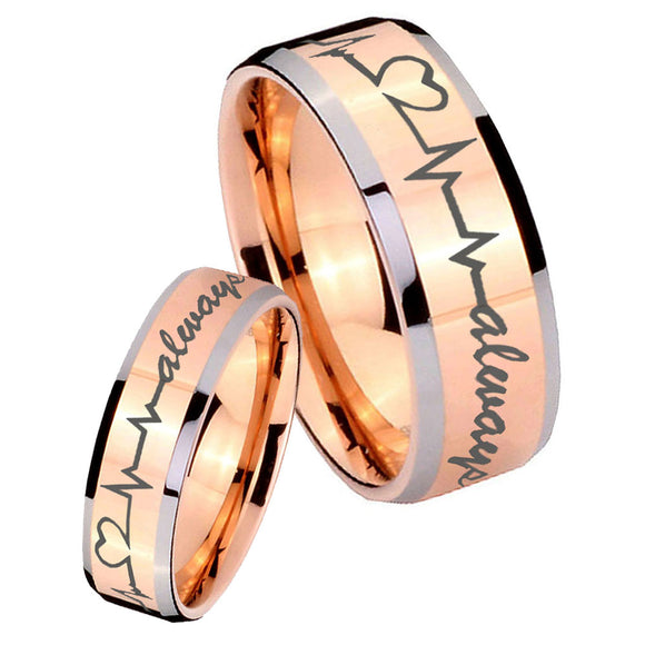 His Hers Heart Beat forever Heart always Beveled Rose Gold Tungsten Mens Ring Set