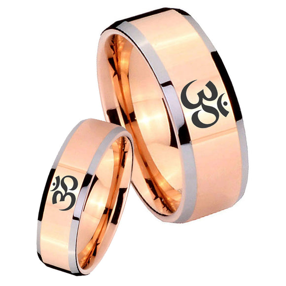 His Hers Om Aum Yoga  Beveled Edges Rose Gold Tungsten Mens Wedding Band Set