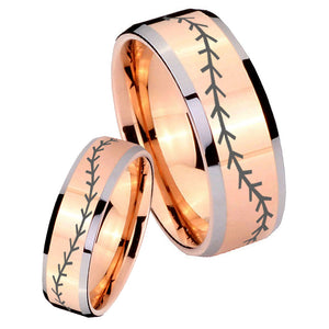 His Hers Baseball Stitch Beveled Edges Rose Gold Tungsten Men's Wedding Band Set