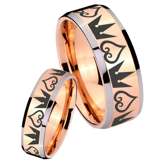 His Hers Hearts and Crowns Beveled Edges Rose Gold Tungsten Mens Ring Set