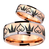 His Hers Hearts and Crowns Beveled Edges Rose Gold Tungsten Mens Ring Set