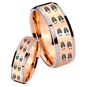 His Hers Deer Tracks Beveled Edges Rose Gold Tungsten Men's Band Ring Set