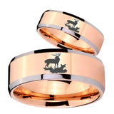 His Hers Deer Hunting Beveled Edges Rose Gold Tungsten Mens Bands Ring Set