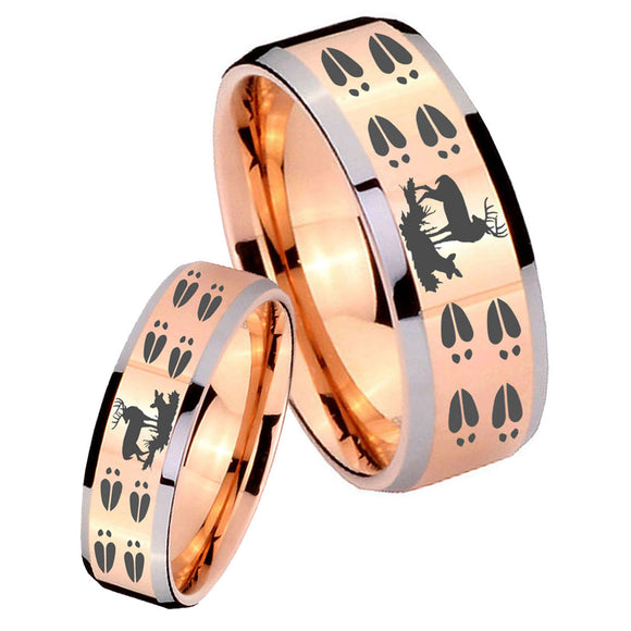 His Hers Deer Hunting Tracks Beveled Edges Rose Gold Tungsten Men's Ring Set