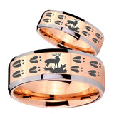 His Hers Deer Hunting Tracks Beveled Edges Rose Gold Tungsten Men's Ring Set