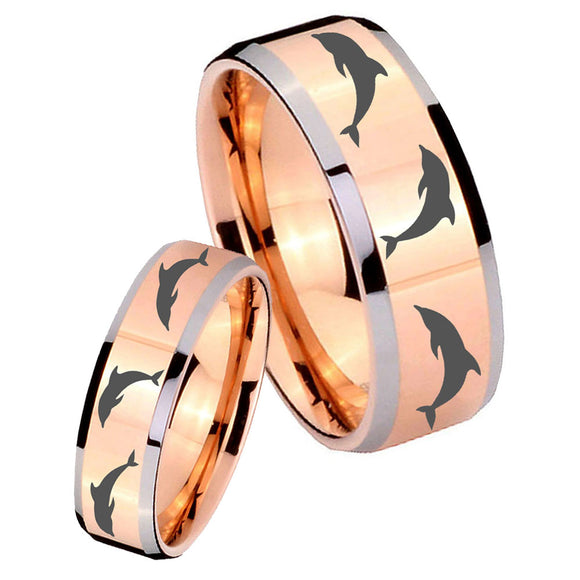 His Hers Dolphins Beveled Edges Rose Gold Tungsten Mens Engagement Band Set