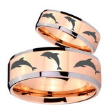 His Hers Dolphins Beveled Edges Rose Gold Tungsten Mens Engagement Band Set