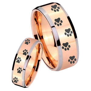 His Hers Paw Print Beveled Edges Rose Gold Tungsten Men's Engagement Band Set