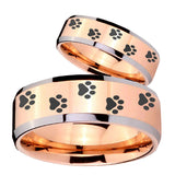 His Hers Paw Print Beveled Edges Rose Gold Tungsten Men's Engagement Band Set