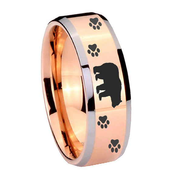 10mm Bear and Paw Beveled Edges Rose Gold Tungsten Carbide Bands Ring