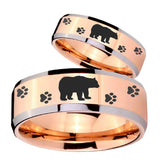 His Hers Bear and Paw Beveled Edges Rose Gold Tungsten Mens Engagement Ring Set