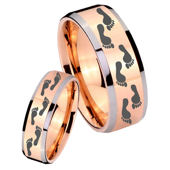 His Hers Foot Print Beveled Edges Rose Gold Tungsten Men's Engagement Ring Set