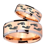 His Hers Foot Print Beveled Edges Rose Gold Tungsten Men's Engagement Ring Set