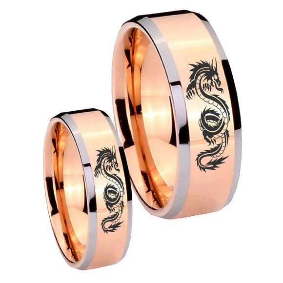 Bride and Groom Dragon Beveled Edges Rose Gold Tungsten Men's Ring Set
